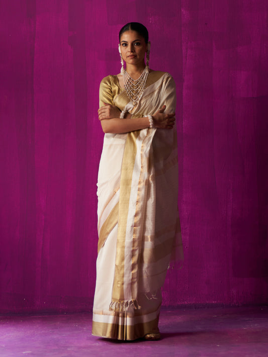 Offwhite Gold Stripes On Pallu Saree