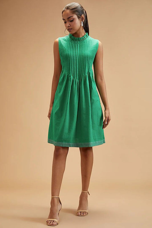 Green Handloom Cotton Solid Pleated Dress