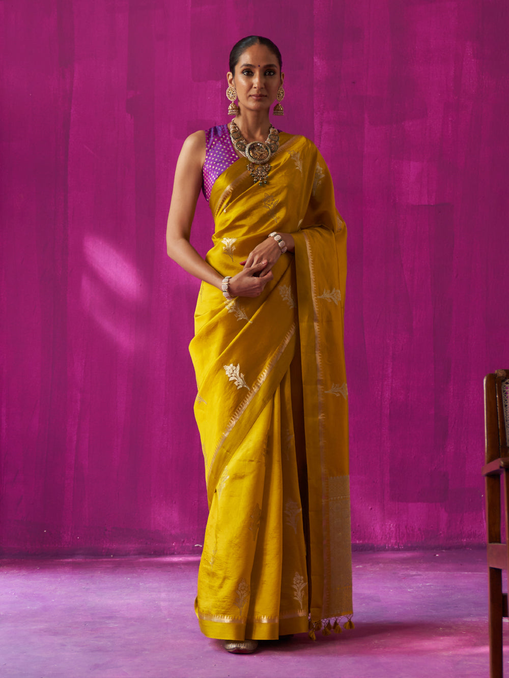 Mustard Floral Motif & Jaal Pallu Saree