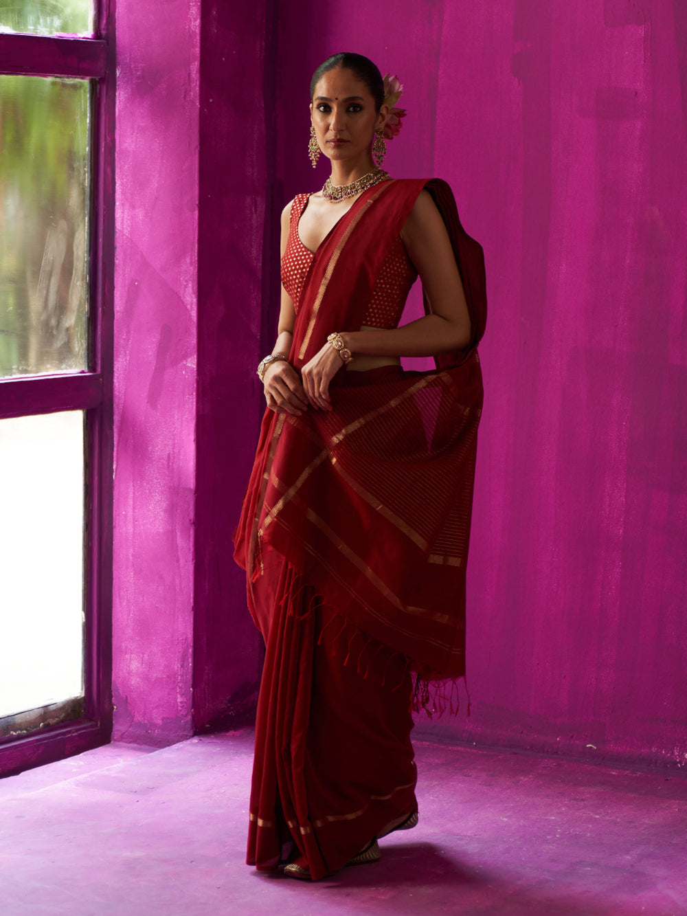 Maroon Gold Stripes On Pallu Saree