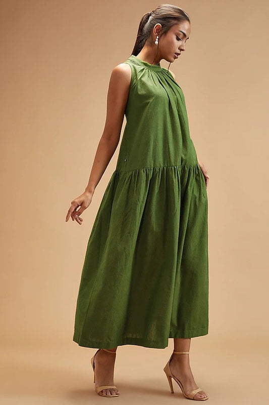 Green Handloom Cotton Solid Band Collar Tiered Dress