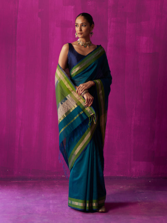 Teal Contrast Colour Blocking Saree