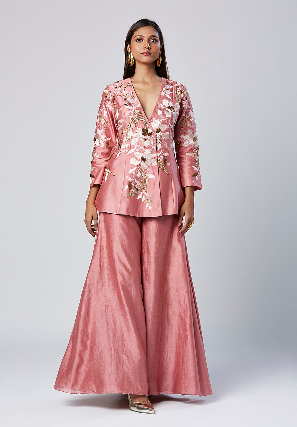 Embroidered Peplum Shirt And Flared Pant Set