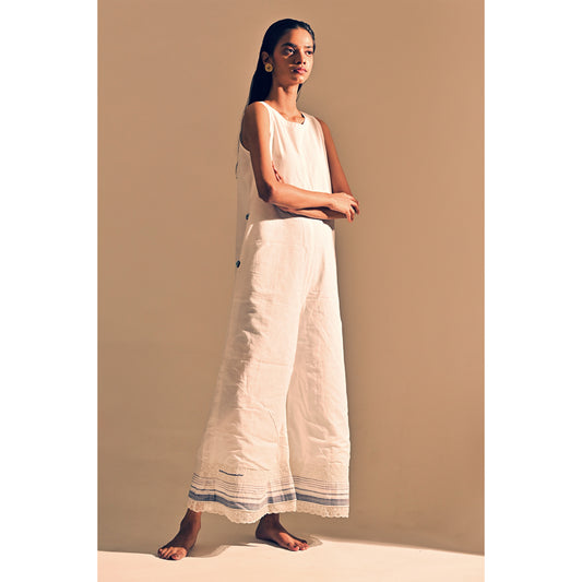 White Cotton Evil Eye Placed Embroidered Jumpsuit