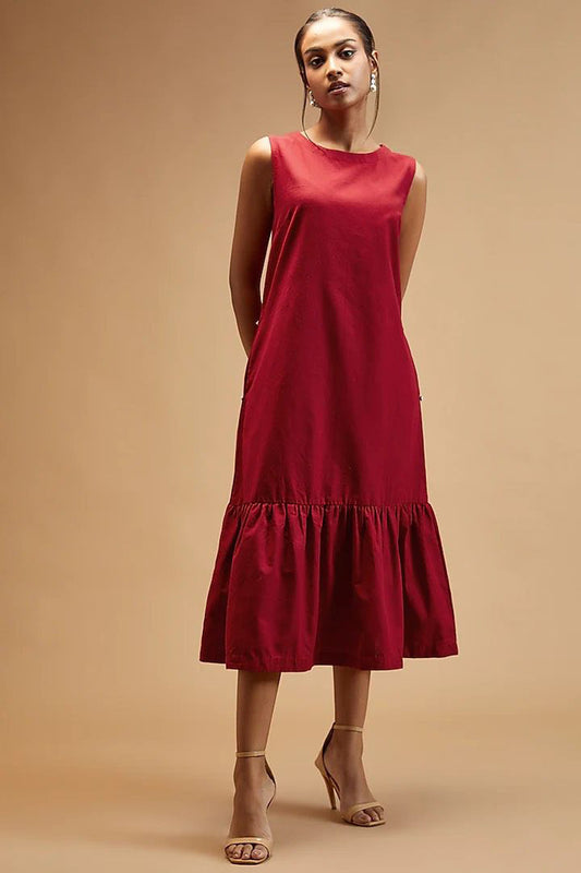 Red Handloom Cotton Plain Round Neck Dress