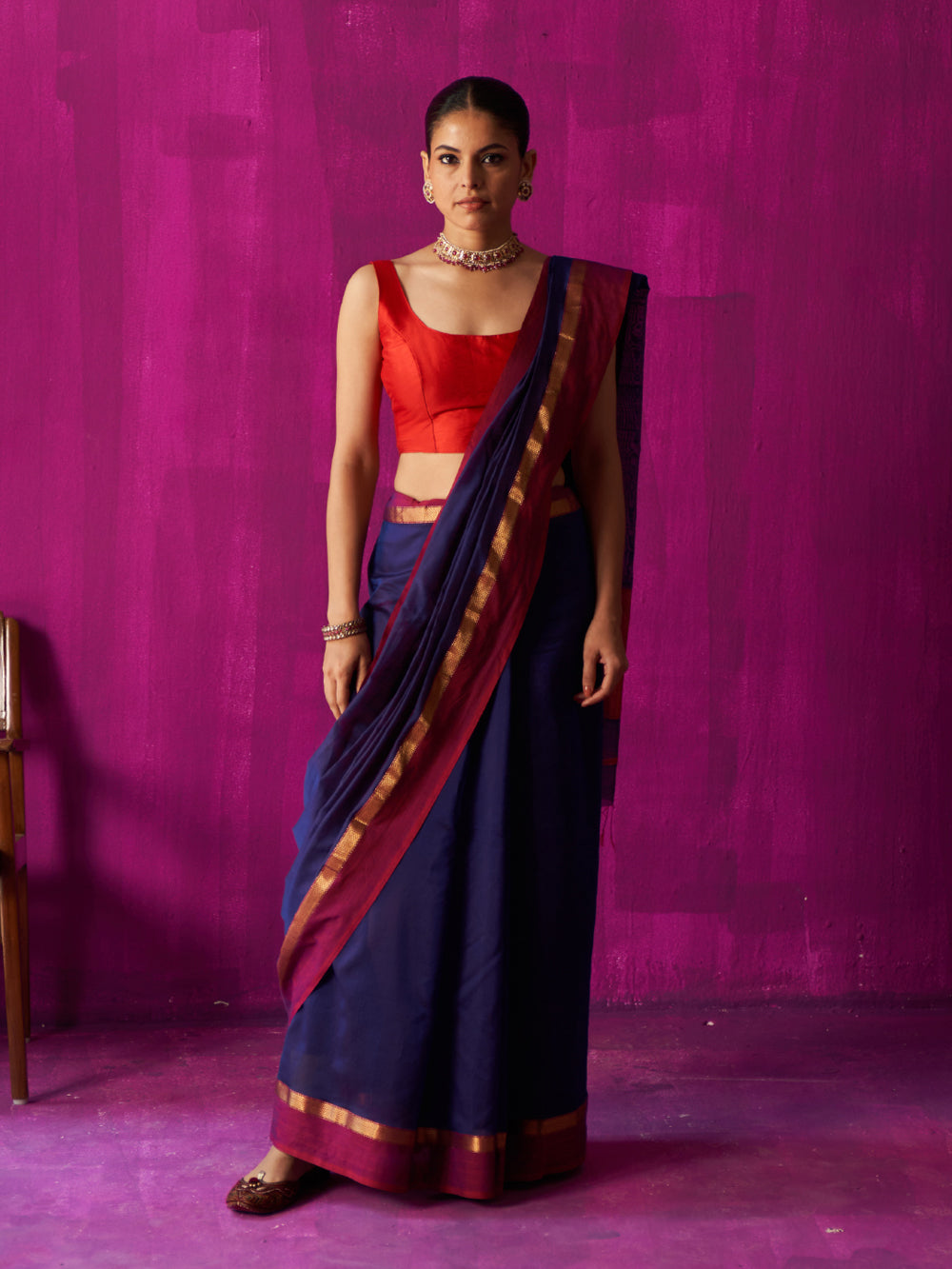 Blue Colour Block Pallu Saree