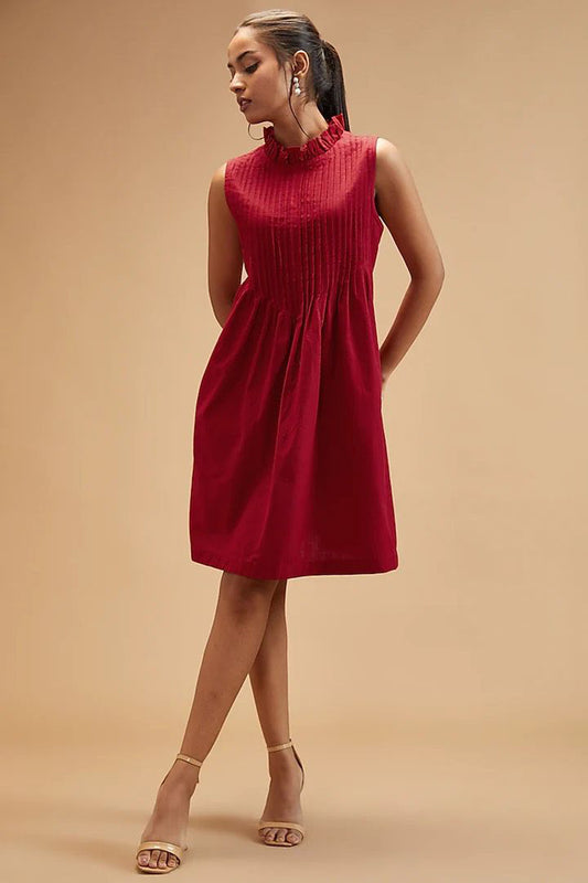 Red Handloom Cotton Solid Pleated Bodice Dress