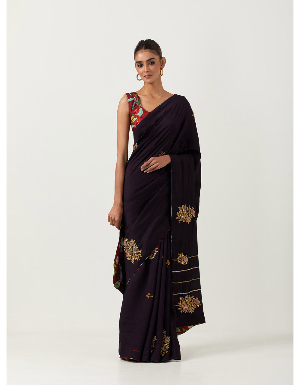 Embroidered Syahi Zardozi Anar Saree With Blouse