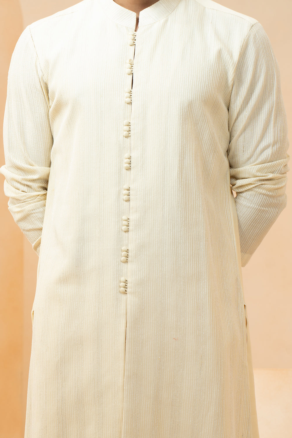 Yellow Chanderi Pintuck Stripe Kurta With Pyjama Pant For Men