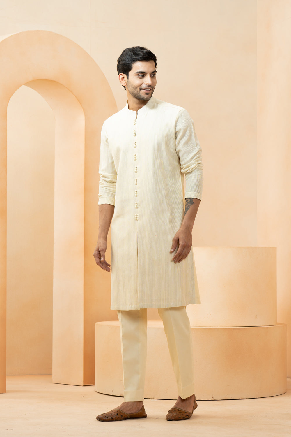 Yellow Chanderi Pintuck Stripe Kurta With Pyjama Pant For Men