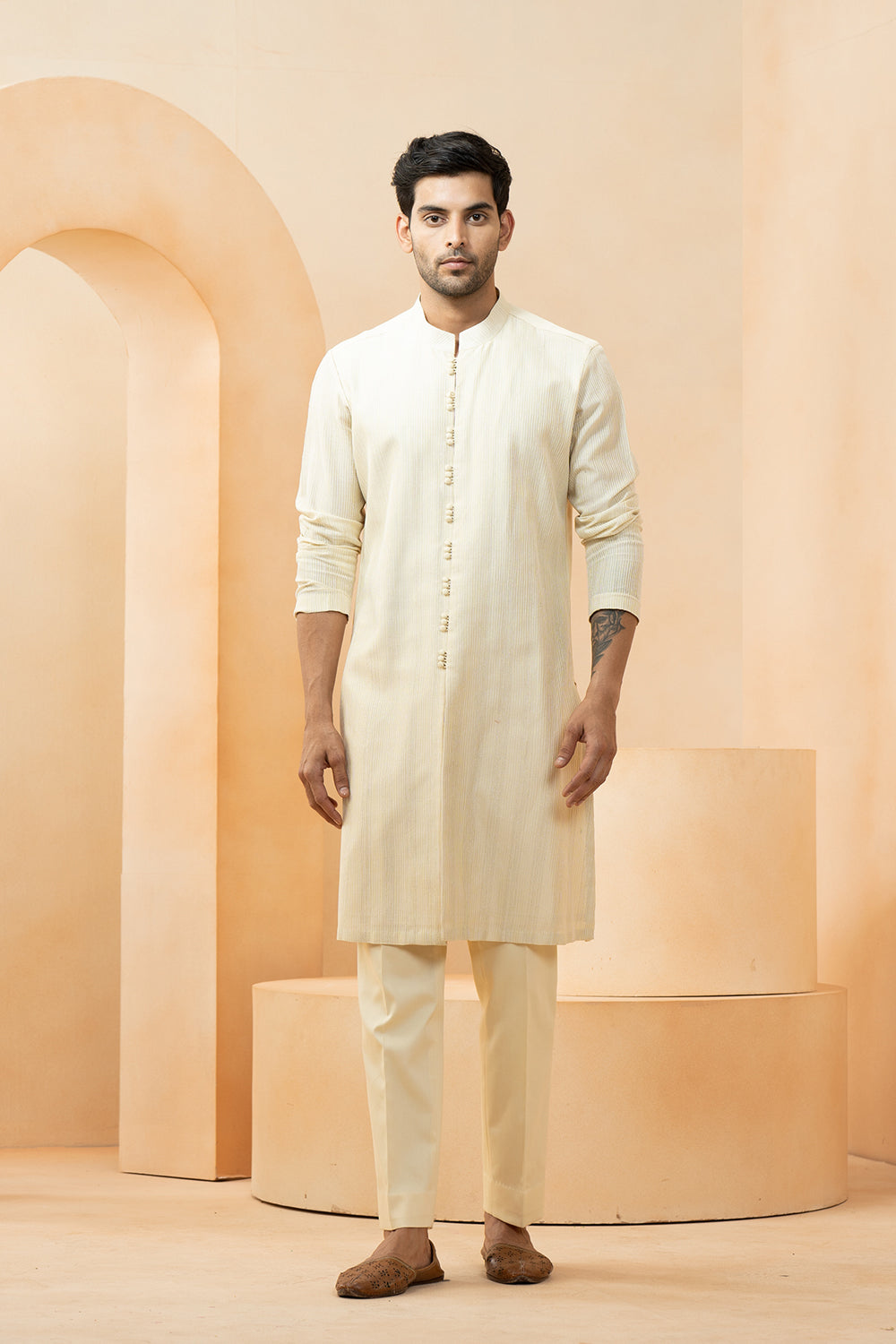 Yellow Chanderi Pintuck Stripe Kurta With Pyjama Pant For Men