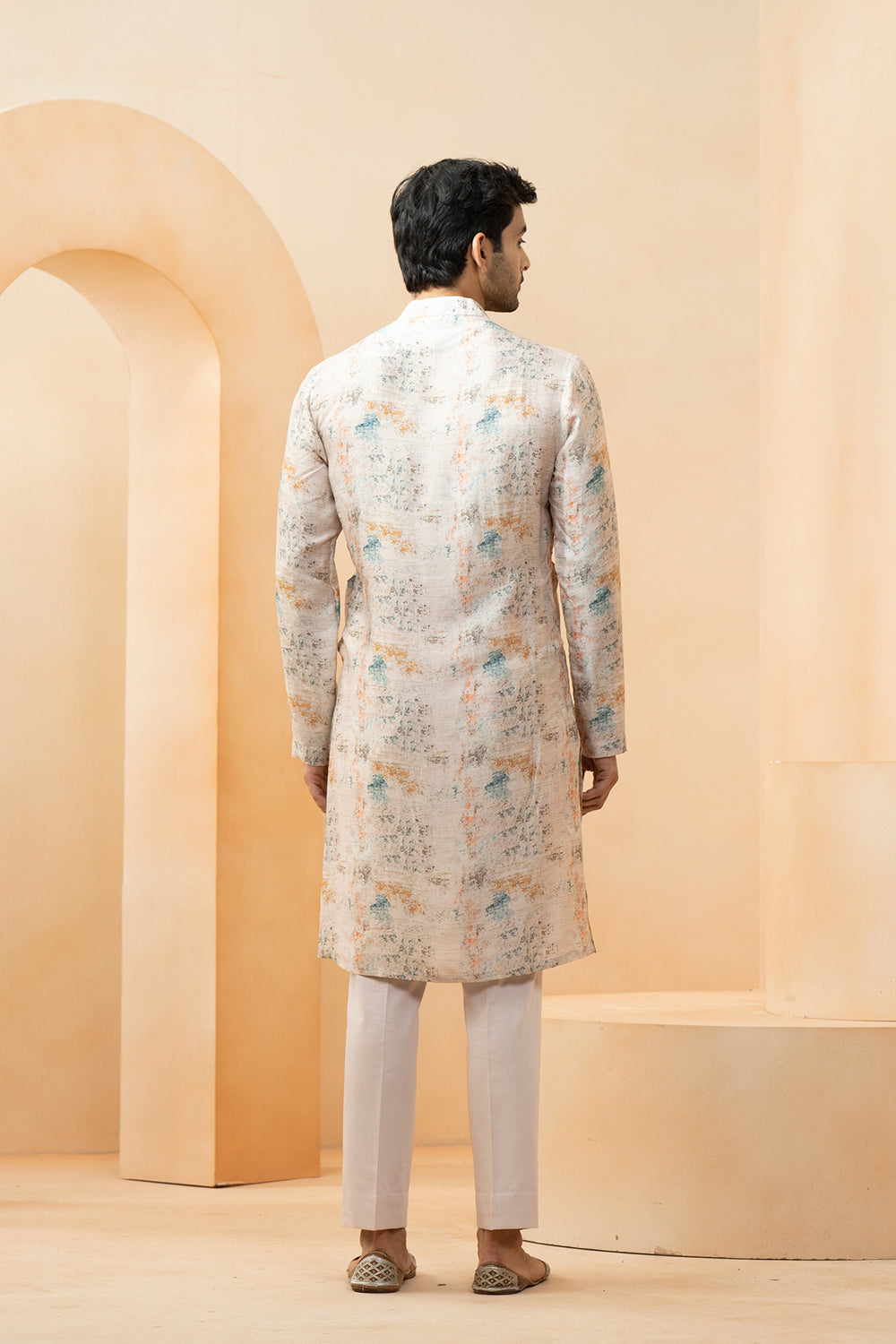 Ivory Chanderi Printed Floral Mughal Bundi Kurta Set For Men