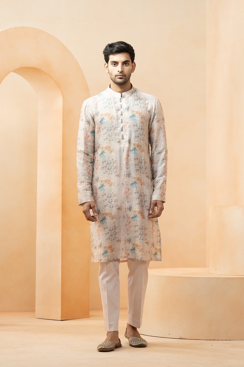 Ivory Chanderi Printed Floral Mughal Bundi Kurta Set For Men