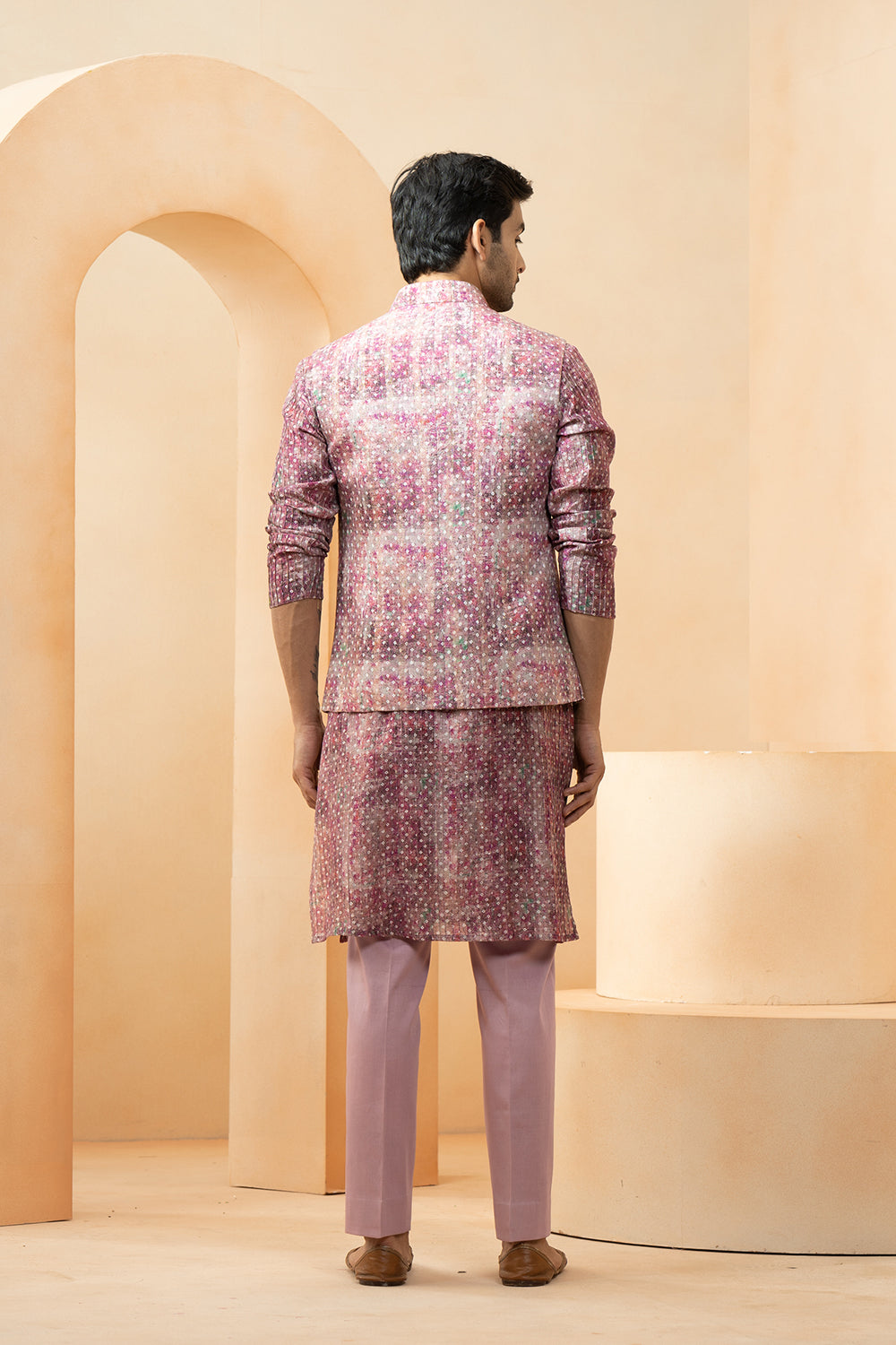 Purple Chanderi Bandhani Pattern Bundi Kurta Set For Men