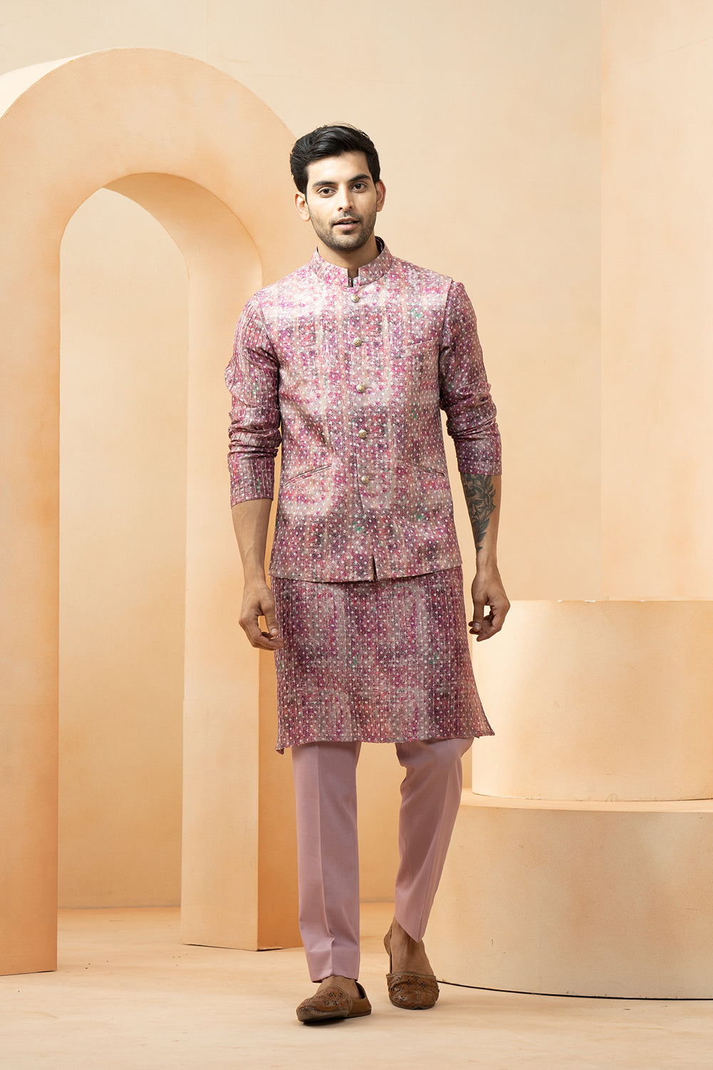 Purple Chanderi Bandhani Pattern Bundi Kurta Set For Men