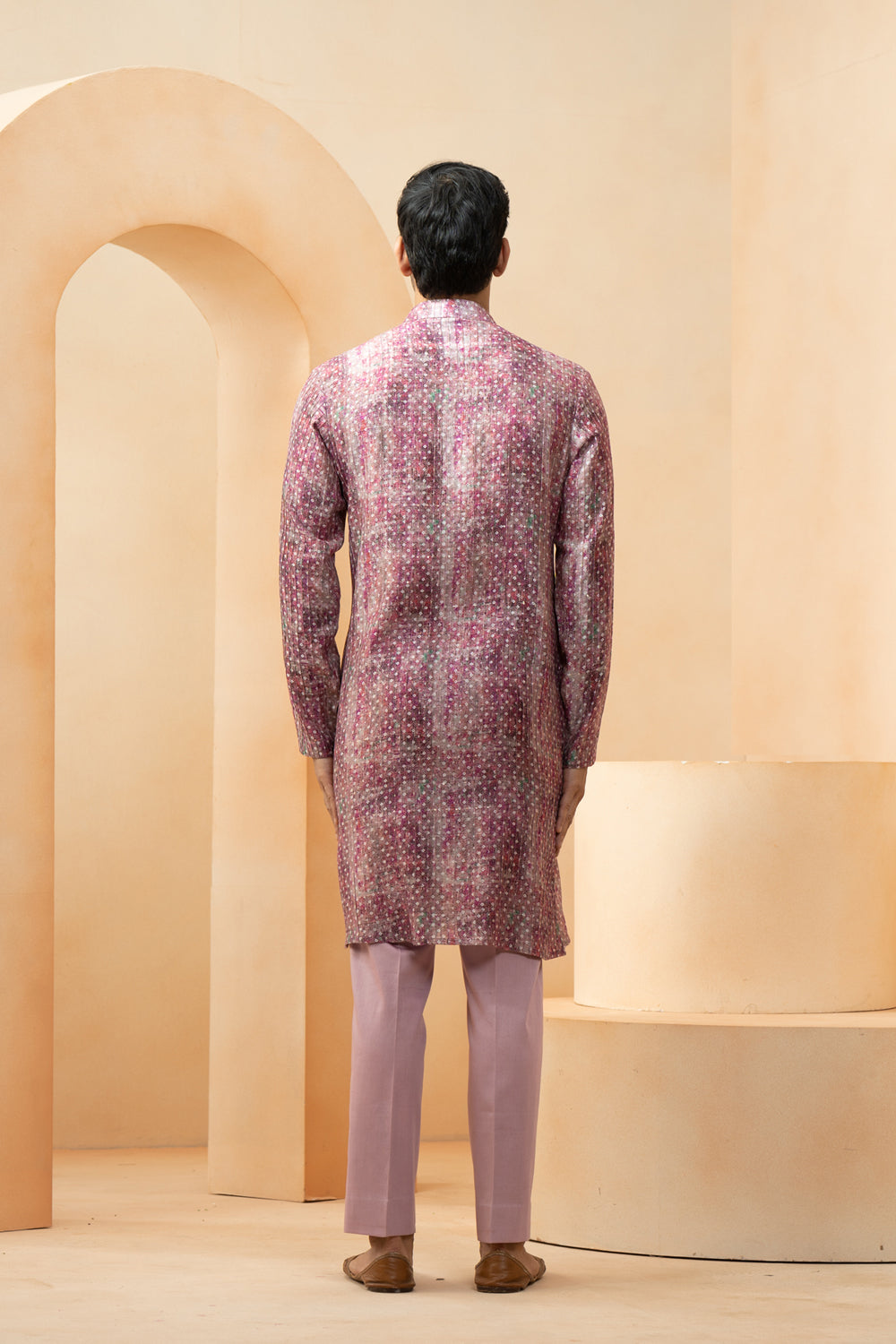 Purple Chanderi Bandhani Pattern Bundi Kurta Set For Men