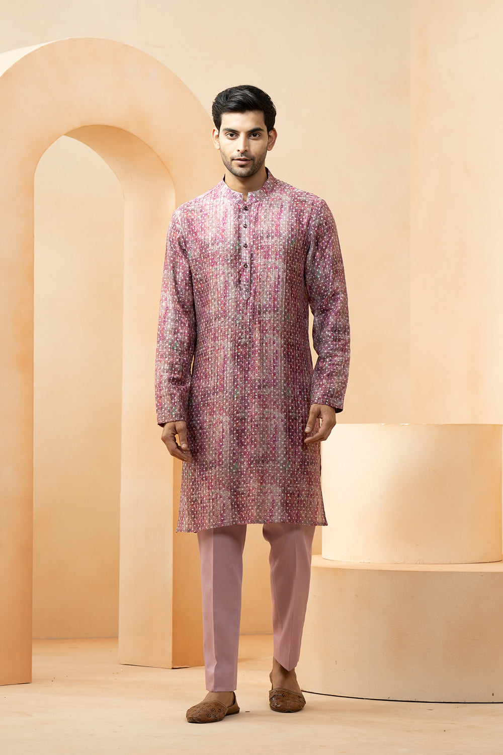 Purple Chanderi Bandhani Pattern Bundi Kurta Set For Men