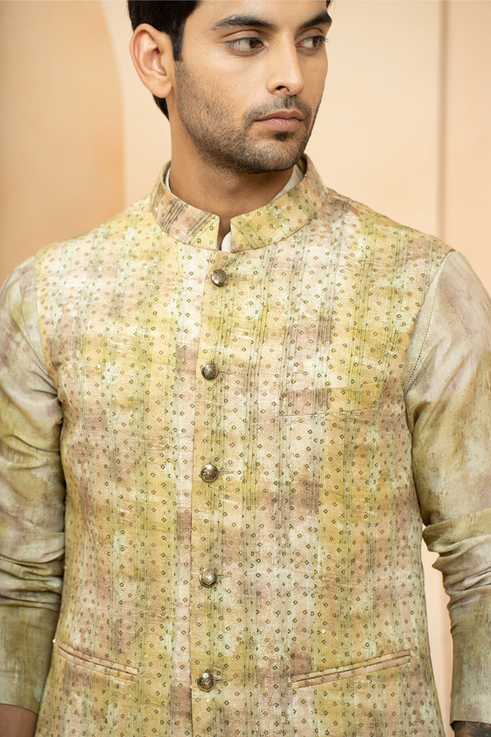 Green Chanderi Bandhani Pattern Bundi Kurta Set For Men