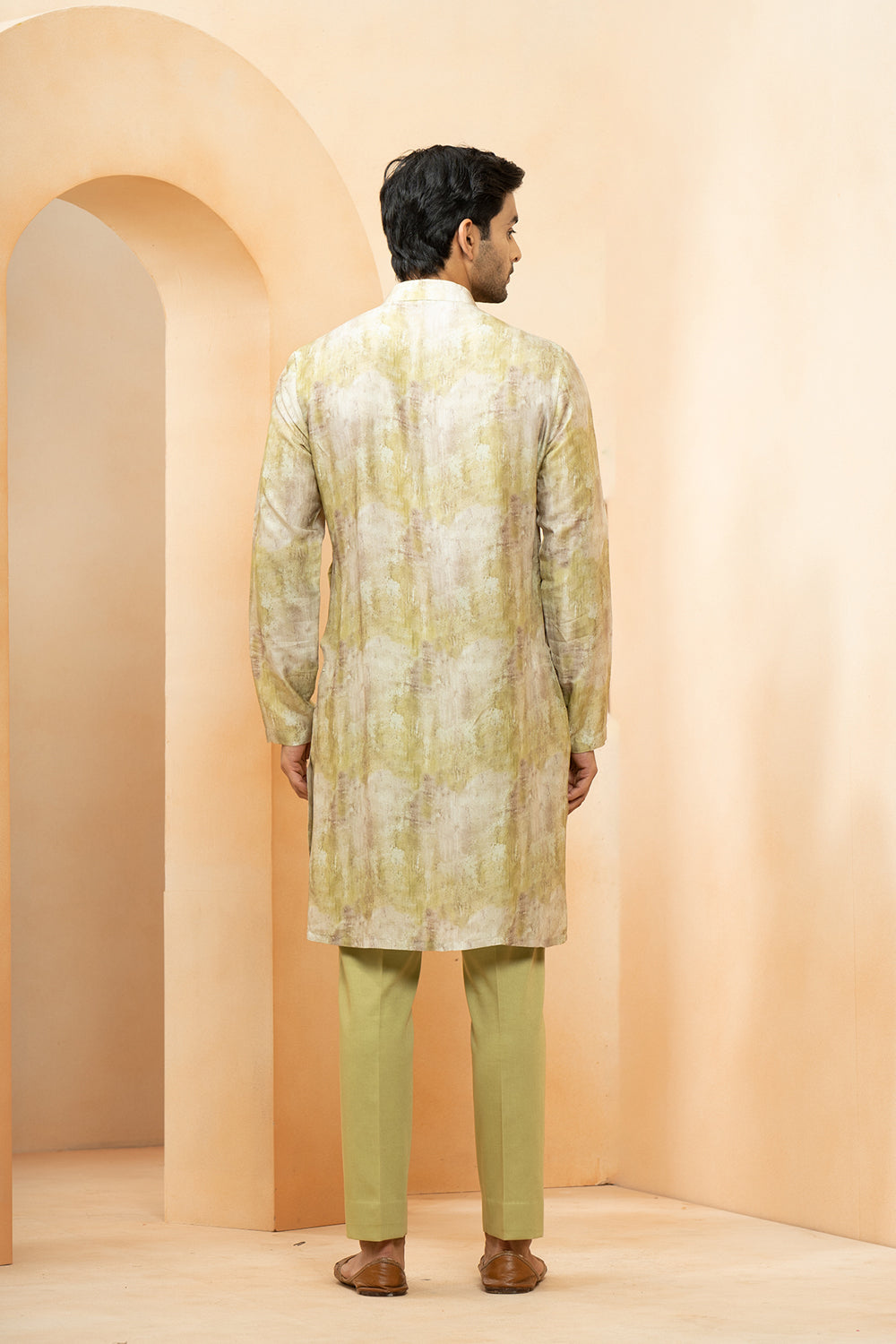 Green Chanderi Bandhani Pattern Bundi Kurta Set For Men