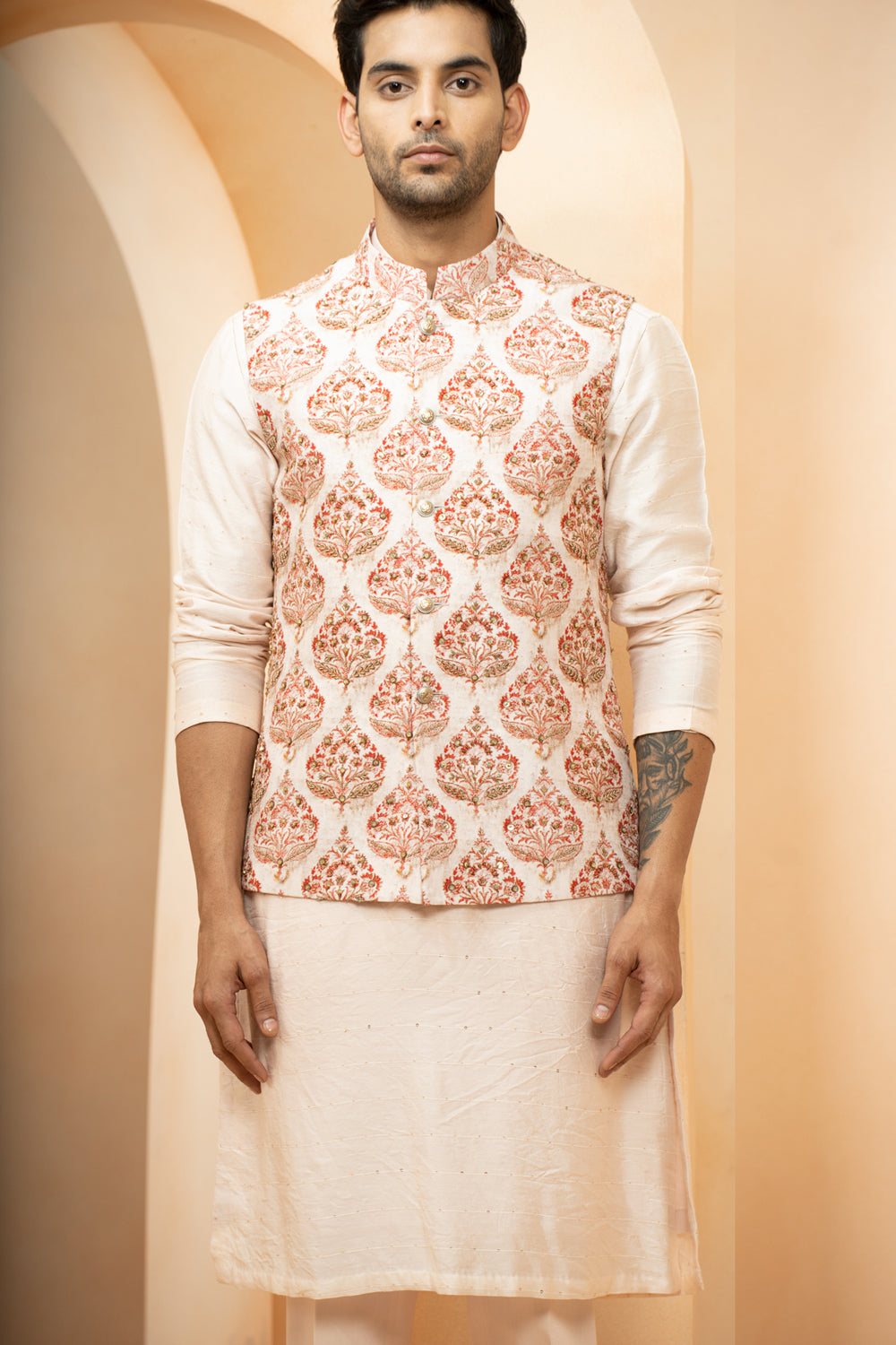 Ivory Chanderi Printed Floral Mughal Bundi Kurta Set For Men