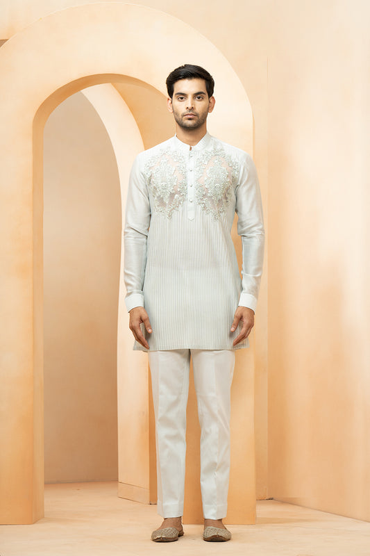 Grey Chanderi Pintuck Placed Floral Embroidered Kurta With Pyjama Pant For Men