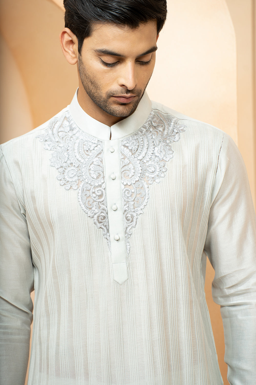 Grey Chanderi Pintuck  Embroidered Kurta With Pyjama Pant For Men