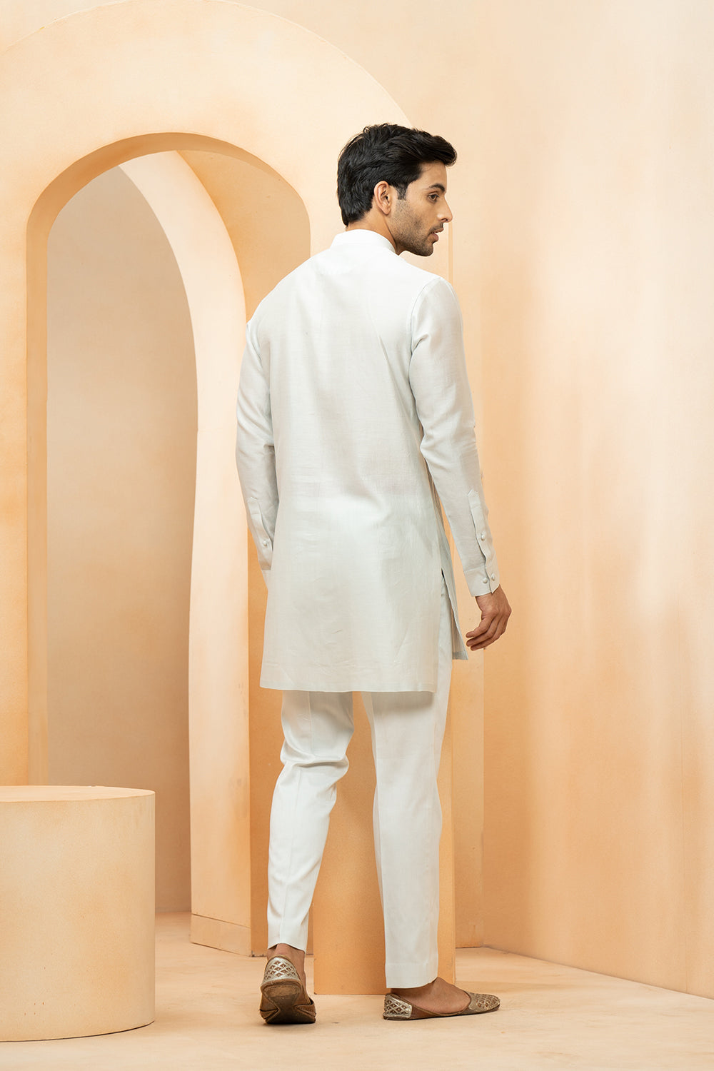 Grey Chanderi Pintuck  Embroidered Kurta With Pyjama Pant For Men