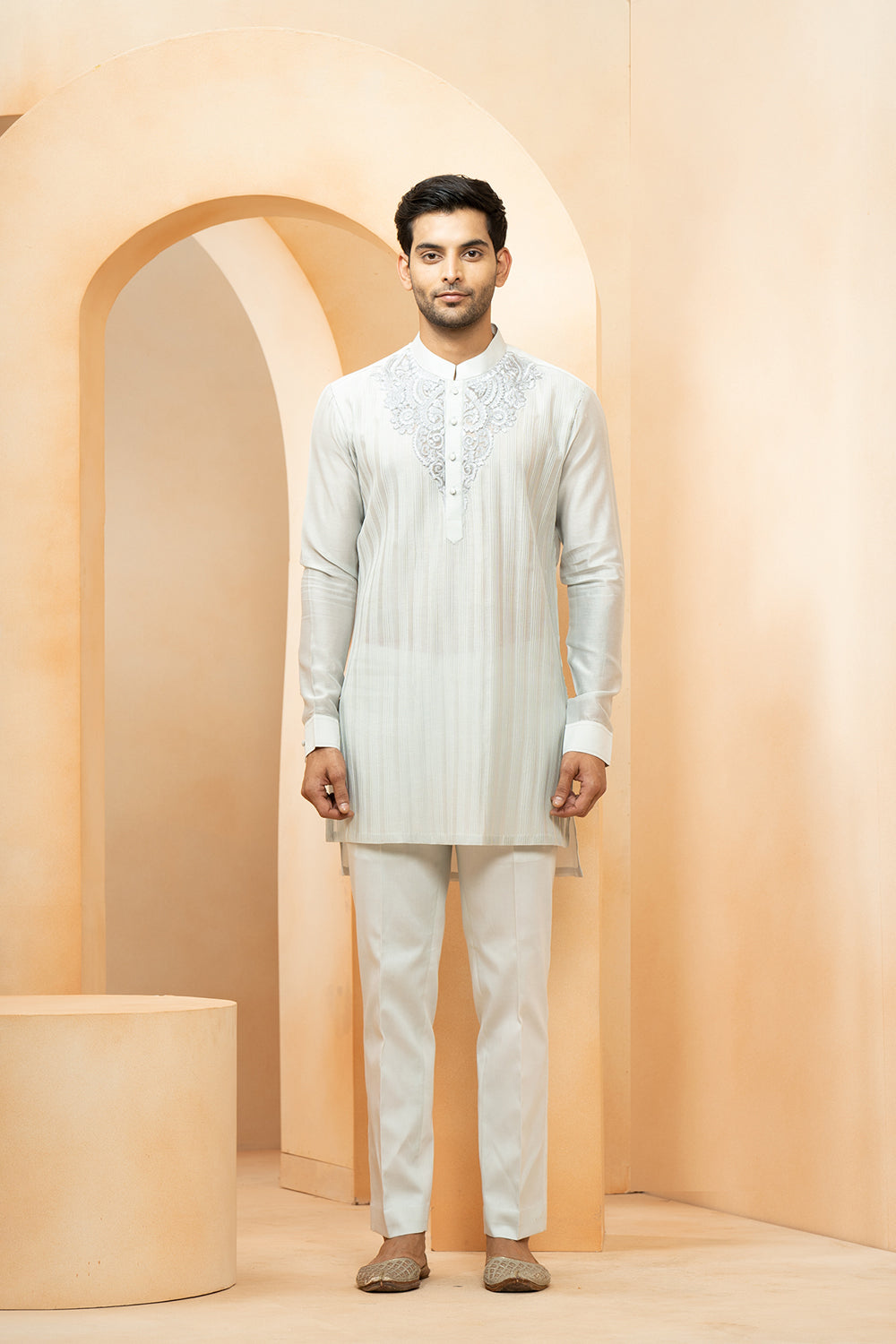 Grey Chanderi Pintuck  Embroidered Kurta With Pyjama Pant For Men