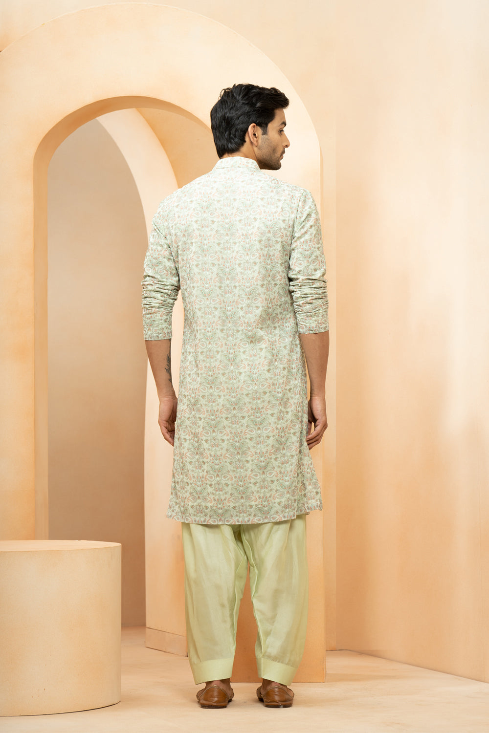 Green Georgette Embroidered Thread Blossom Kurta With Salwar For Men