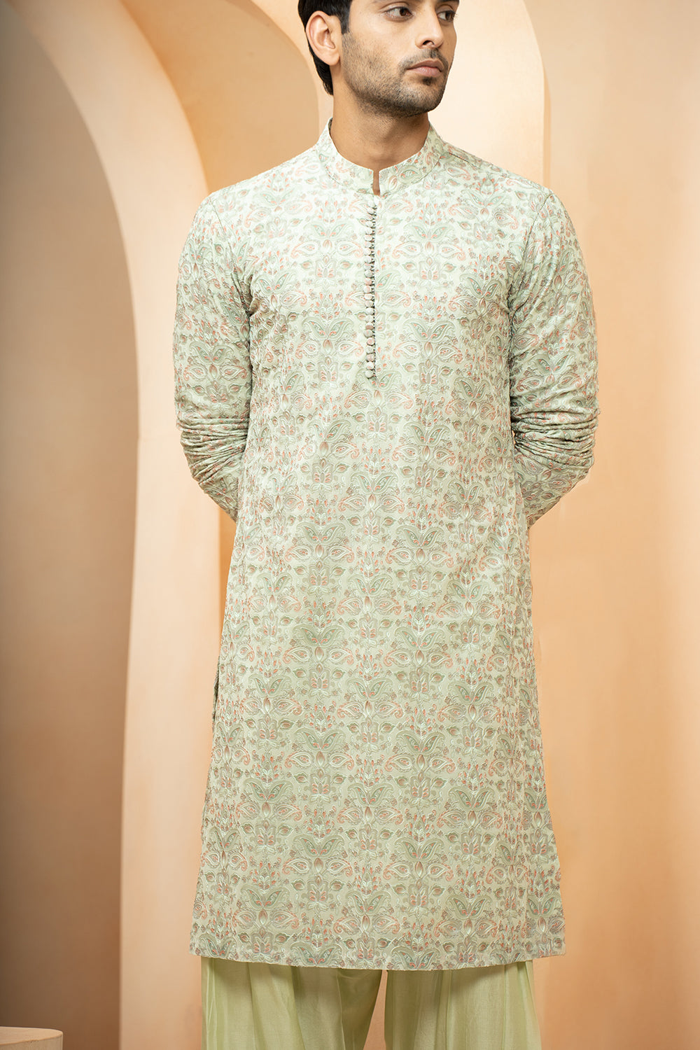 Green Georgette Embroidered Thread Blossom Kurta With Salwar For Men