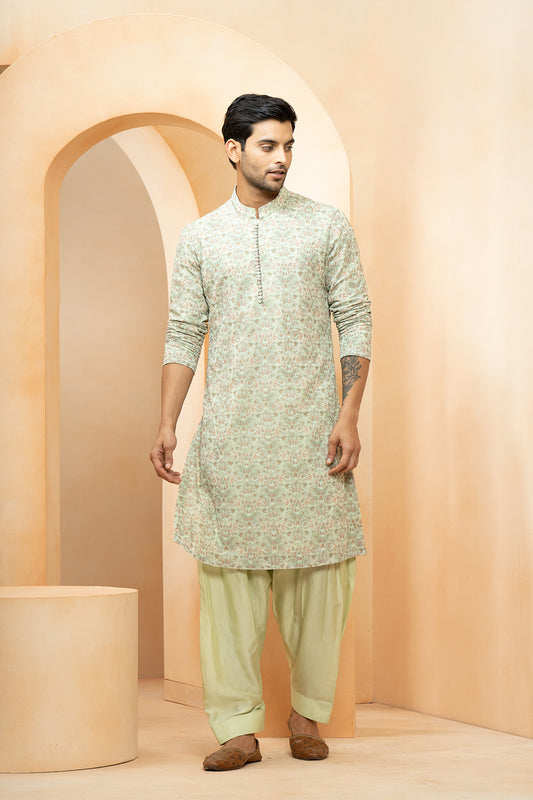 Green Georgette Embroidered Thread Blossom Kurta With Salwar For Men