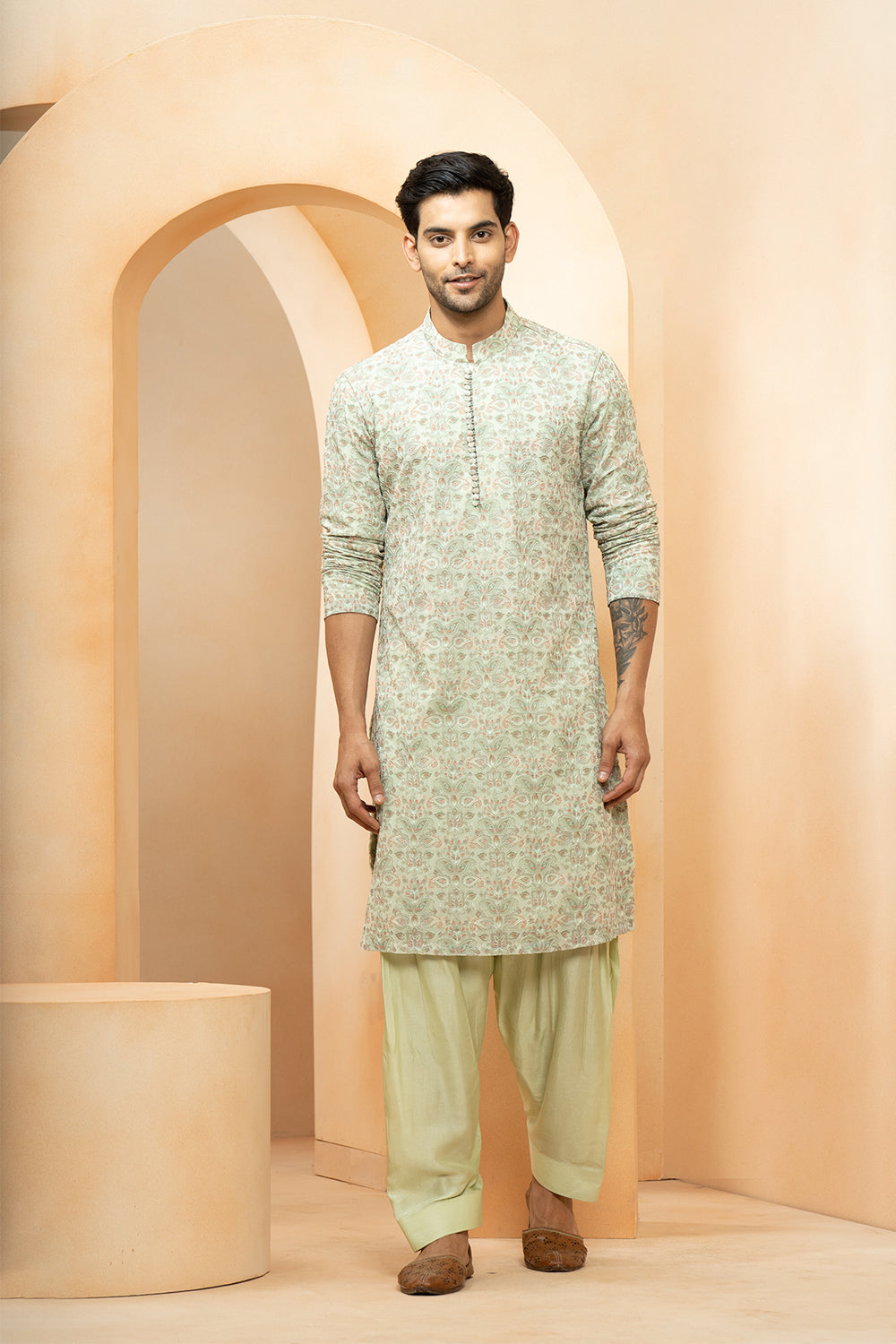 Green Georgette Embroidered Thread Blossom Kurta With Salwar For Men