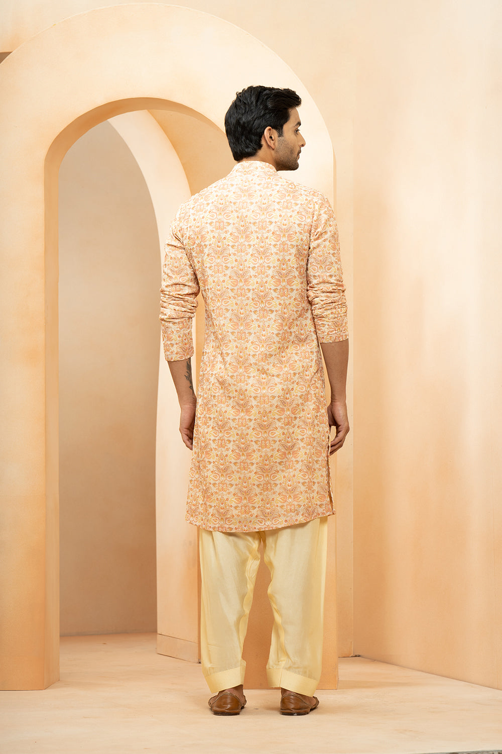 Orange Georgette Embroidered Thread Floral Kurta With Salwar For Men