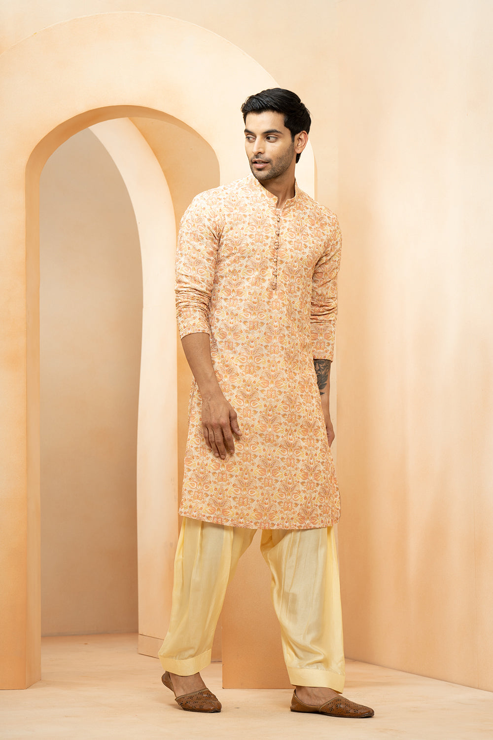 Orange Georgette Embroidered Thread Floral Kurta With Salwar For Men