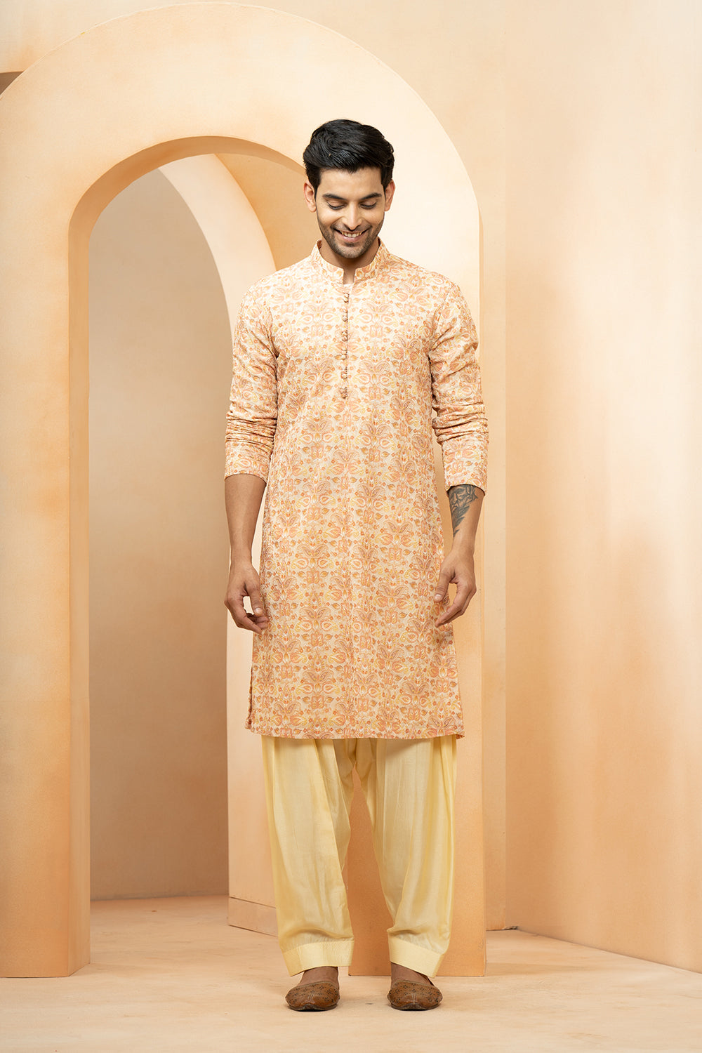 Orange Georgette Embroidered Thread Floral Kurta With Salwar For Men