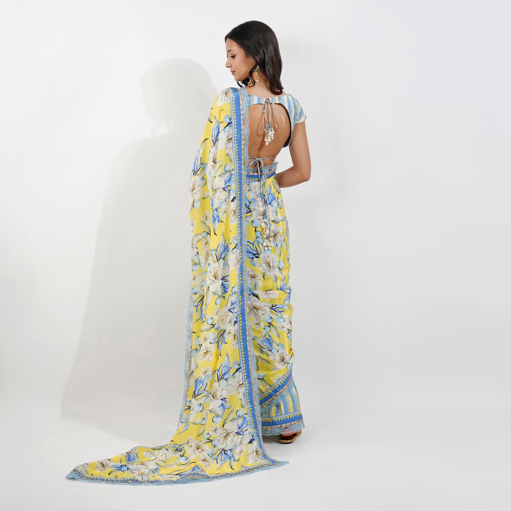 Vintage Floral Crepe Saree-Yellow