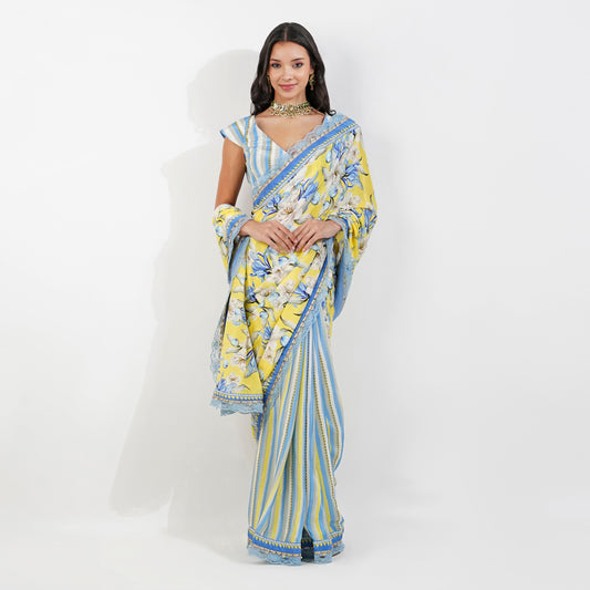 Vintage Floral Crepe Saree-Yellow