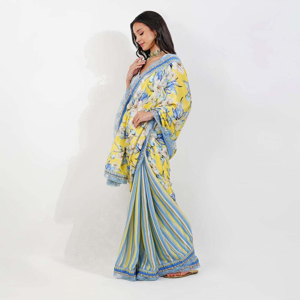 Vintage Floral Crepe Saree-Yellow