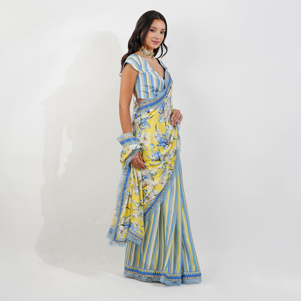 Vintage Floral Crepe Saree-Yellow