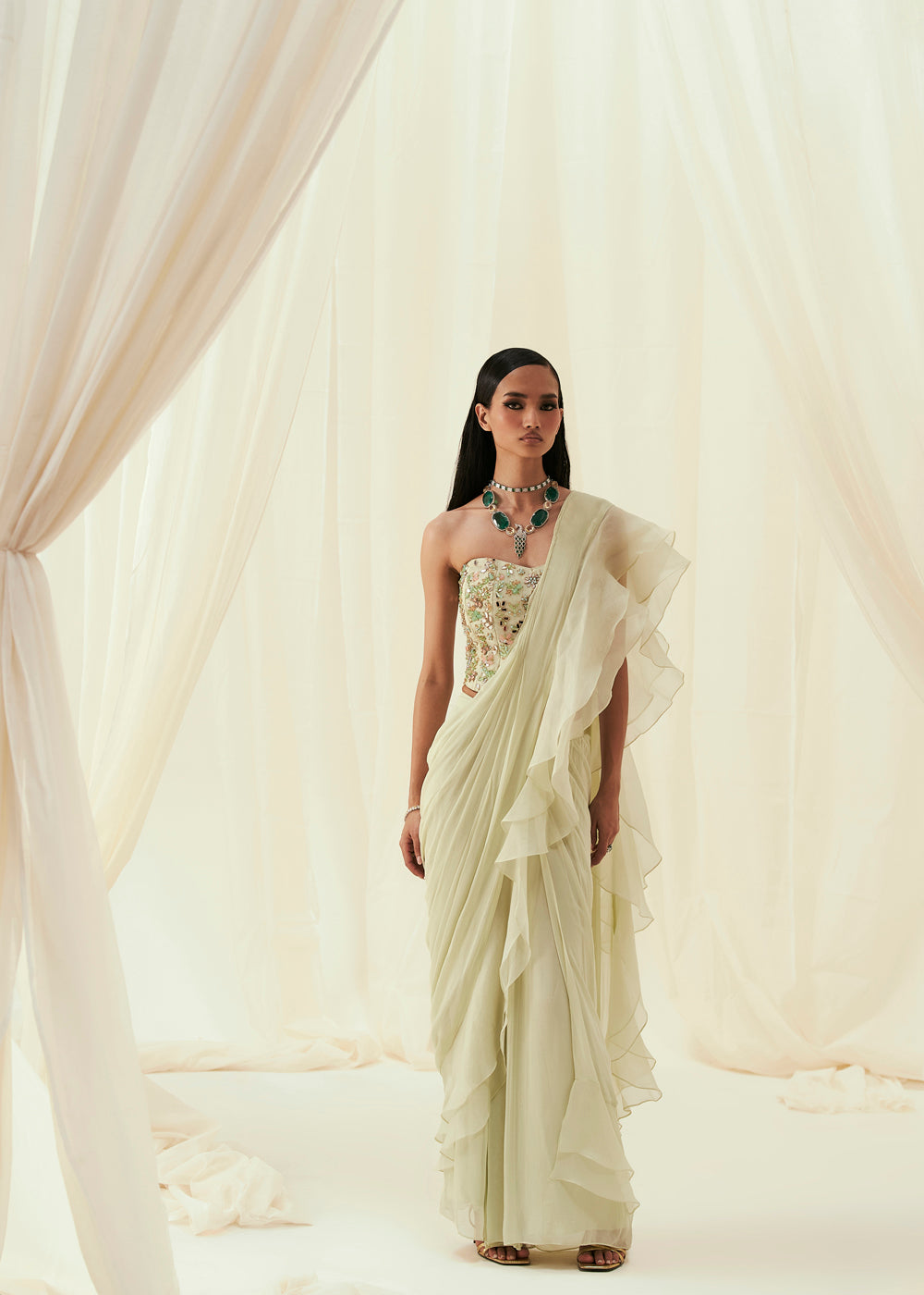 Yara Draped Ruffle Saree Set