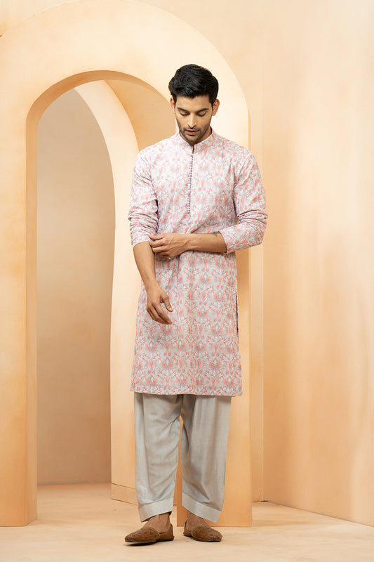 Multi Color Georgette Embroidered Thread Floral Kurta With Salwar For Men
