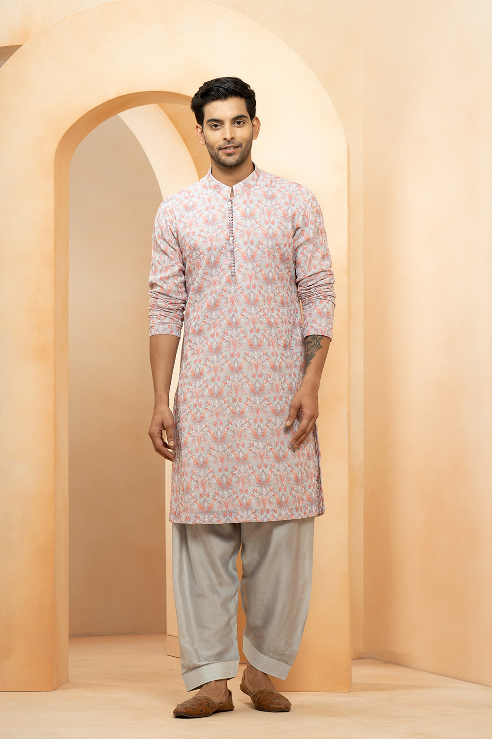 Multi Color Georgette Embroidered Thread Floral Kurta With Salwar For Men