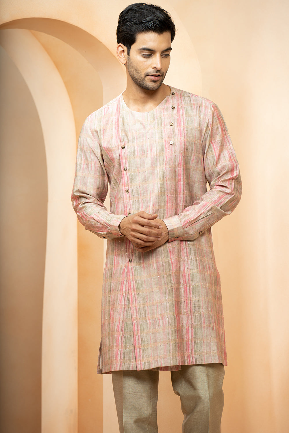 Green Chanderi Printed Abstract Sequined Bundi Kurta Set For Men