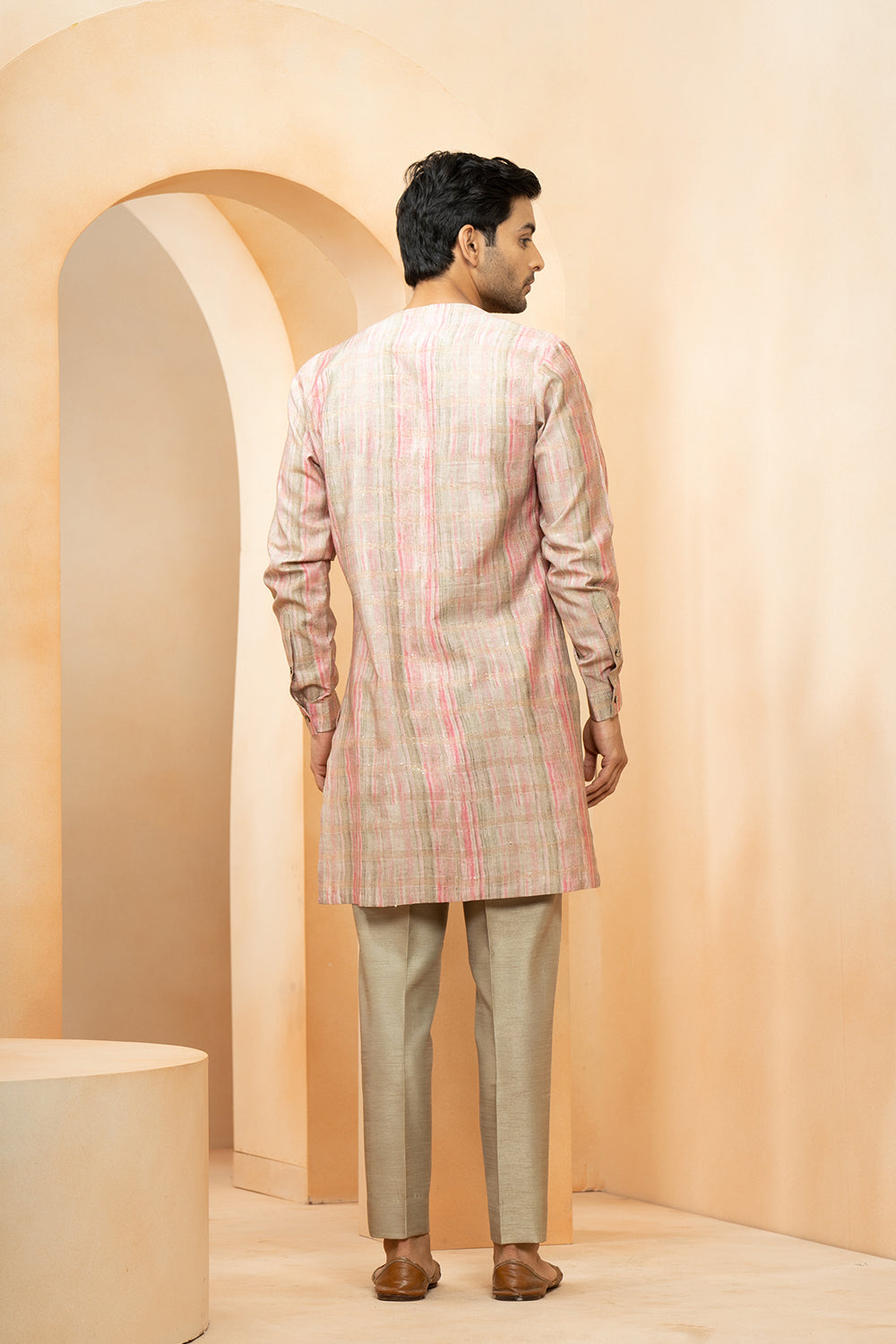 Green Chanderi Printed Abstract Sequined Bundi Kurta Set For Men