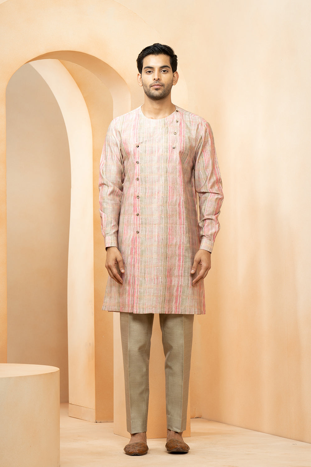 Green Chanderi Printed Abstract Sequined Bundi Kurta Set For Men