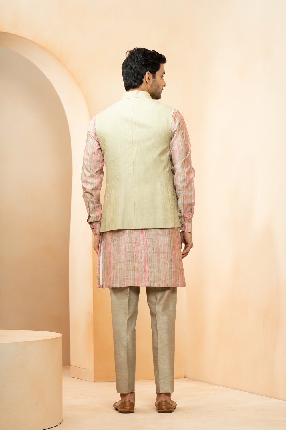 Green Chanderi Printed Abstract Sequined Bundi Kurta Set For Men