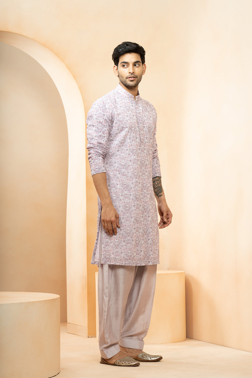 Magenta Georgette Embroidered Thread Floral Kurta With Salwar For Men