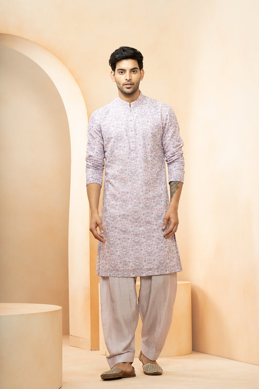 Magenta Georgette Embroidered Thread Floral Kurta With Salwar For Men