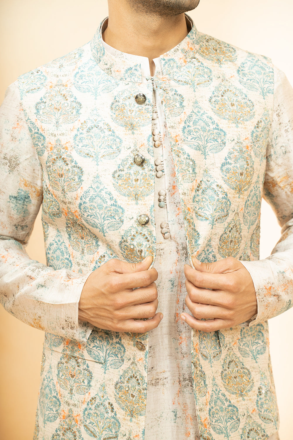 Ivory Chanderi Printed Floral Mughal Bundi Kurta Set For Men