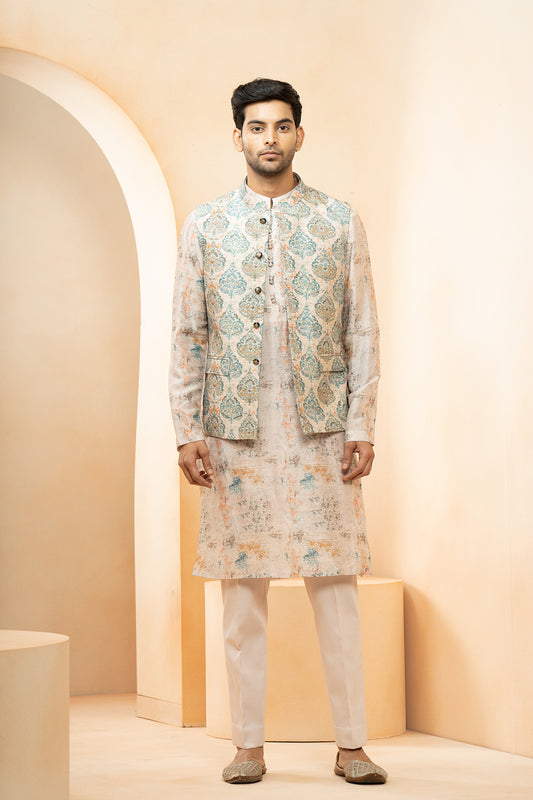 Ivory Chanderi Printed Floral Mughal Bundi Kurta Set For Men